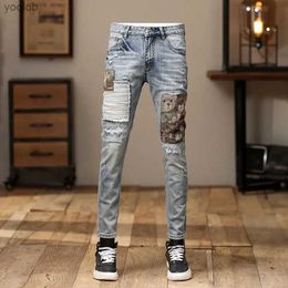 Men's Jeans Home>Product Center>Fashion Mens Jeans>Retro Light Blue Elastic Tight Jeans>Open cut JeansL2404