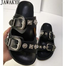 Slippers Black Real Leather Rivet Buckle Designer Flat Woman Round Toe Thick Sole Beach Sandal Summer Casual Fashion Mules Shoes