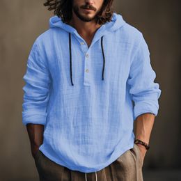 Men Shirts Hoodie Blouse Long Sleeve Buttons Pullover Solid Comfortable Cotton Linen Casual Loose Holiday Shirts Male Tee Tops 2404256