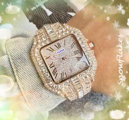 Iced Out Hip Hop Square Roman Tank Dial Men Watch Luxury President Lady Full Diamonds Ring Clock Shiny Starry quartz battery core Chain Bracelet Watches montre de luxe