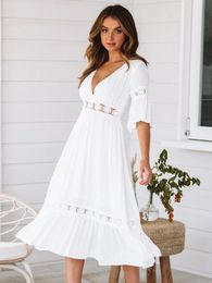 Summer White Long Dress Women Boho Hollow Out Patchwork Short Sleeve V-neck Loose Fashion Casual Elegant Woman 240418
