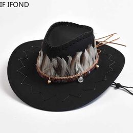 Wide Brim Hats Bucket Hats Retro Feather Western Cowboy Hats for Men Women Faux Suede Wide Brim Cowgirls Jazz Cap Outdoor Travel Sun Hat Y240425