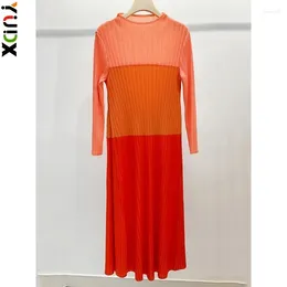 Casual Dresses YUDX Miyake Pleated Dress For Women Patchwork Round Neck Long Sleeves Colour Block A-line Female Clothing 2024