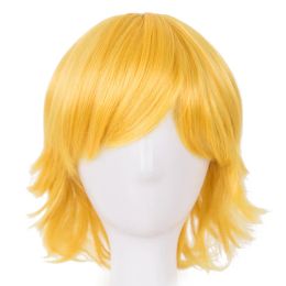 Wigs Cosplay Wig FeiShow Synthetic Heat Resistant Short Wavy Hair Costume Cosplay Halloween Carnival Events Party Yellow Hairpiece