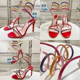 Yellow Pink Sandal Rainbow Crystals 95mm Female Ankle Wraparound Women High Heeled Sandal Snake Strass Flower Designer Party Dress Shoes Original Quality
