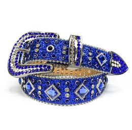 Rhinestone Belt Cowgboy Bling Bling Crystal Blue Western Studded Leather Belt Pin Buckle For Men8946064