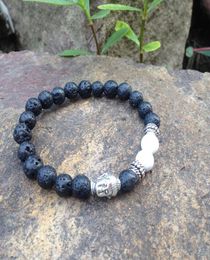 SN0372 Black Lava Bracelet Antique Silver Buddha Head Bracelet natural white turquoise stretch mala braclets for men8357380