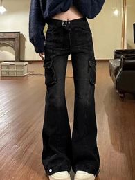 Women's Jeans American Retro Black Flare High Street Office Lady Slim Bell Bottoms With Multiple Pockets Fashion Denim Clothing