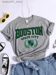 Men's T-Shirts Houston Space City printed womens retro loose T-shirt niche personal top short sleeved casual Q240425