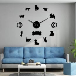 Clocks 3D Cats And Dogs DIY Wall Decorative Mute Large Wall Clock Animals Wall Sticker Frameless Giant Watch Home Decor Pets Owner Gift