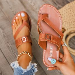 Slippers Women Outside Casual Beach Shoes Summer Flats Flip Flop Sandals Walking Clip Toe Rome Buckle Slides