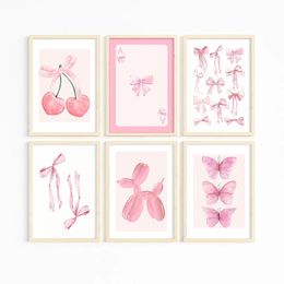 Trendy Pink Bows Poster Preppy Watercolour Art Print Girly Canvas Painting Wall Picture for Coquette Room College Apartment Decor 240415