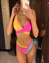 OnePiece Suits Yellow Pink Blue Colourful Splicing Bikini Female Swimsuit Women Swimwear Twopiece Set Cut Out Bather Bathing Su7301250