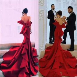 Mermaid Satin Red Charming Evening Gowns Off The Shoulder Arabic Ruched Ruffles Plus Size Long Prom Dresses Vestidos De Fiesta