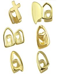 18K Real Gold Braces Punk Hiphop Hollowed Single Teeth Grillz Dental Mouth Fang Grills Tooth Cap Cosplay Party Rapper Jewellery Gift4288915