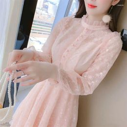 Casual Dresses 2024 Spring Est Women Dress Pink Elegant Lace Vintage Fashion Mid-length Slim Hollow Out Sweet Vestidos V270