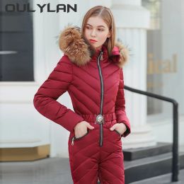 Sets New Fashion New Winter Women's Hooded Jumpsuits Parka Cotton Padded Warm Sashes Ski Suit Zipper One Piece Casual Tracksuits