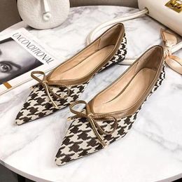 Casual Shoes 2024 Autumn Elegant Ladies Houndstooth Bow Pointed Flat Shallow Office Commuting Comfort And Leisure For Women's