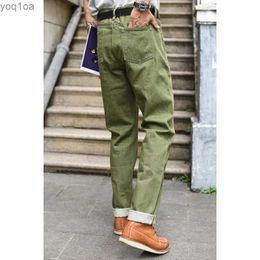 Men's Jeans Saucezhan Mens Jeans Vulcanised Olive Green 107 Selvedge Denim Jeans Mens Wash Ultra Thin Fit 14 oz Zipper FlyL2404