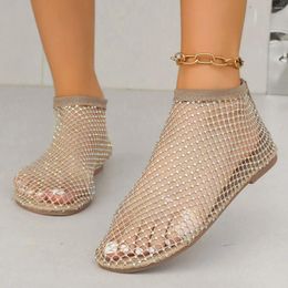 Casual Shoes 2024Women's Round Toe Flat Bottom Sandals Hollow Short Boots Water Diamond Sexy