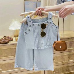 Clothing Sets Girls' Denim Set Summer Children's Fashionable Print Suspender Sports Baby Vest Pants Casual Two-piece