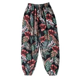 Ladies spring and summer thin casual pants red leaf random print can be worn home air conditioning pants beach sunscreen pants