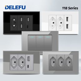 Plugs Delefu Tempered Glass Brazil Standard Outlet Dual Usb Type C Switzerland Wall Socket Light Switch Switzerland 118*72mm 10a 20a