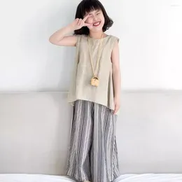 Clothing Sets Girls Set Summer 2024 Korean Flax Vest Sleeveless Shirt Lightweight And Thin Stripe Wide Leg Pants Kids Clothes