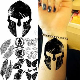 Tattoo Transfer Black Helmet Spartan Temporary Tattoos For Men Adult Butterfly Feather Henna Fake Tattoo 3D Body Art Disposable Tatoos Sticker 240426