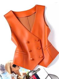 Women's Leather Double Breasted Sheepskin Tang V Neck Vest Genuine Short Outerwear Spring Autumn