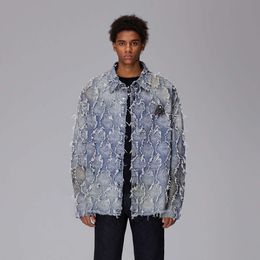 Rokawear Trendy 3D Jacquard Fringe Ragged Edge Denim Shirt American Loose Coat Couple Style