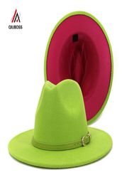 Fashion Outer Lime Green Inner Rosy Patchwork Womens Wide Brim Felt Hats Lady Panama Vintage Unisex Fedora Hat Jazz Cap L XL6719627155297