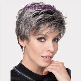 Wig short curly hair old gray white wig oblique bangs partial high temperature silk