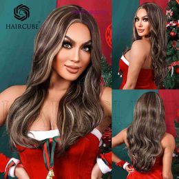 HAIRCUBE mid brown highlights big wave long curly hair wig for female wigs