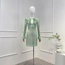 Casual Dresses 2024 Arrivals High Quality Spring Summer Sexy Luxury Light Green Cut Out Waist Long Sleeve Lace-up Woman Mini Dress