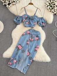 Women 2 Piece Set Denim Fashion Female Girl Chic Sexy Sling Top High Waist Irregular Split Skirt Summer Lady Suit 240415