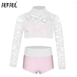 Clothing Sets Girls Dance Costumes Mock Neck Floral Lace Crop Tops With Briefs Kids Clothes Dancewear For Ballet Gymnastics Leotard