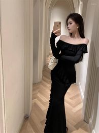 Casual Dresses Sweet Girl Style Black Edible Tree Dress Women's Autumn Slim Fit Split Long-sleeved Long Fashion Female Clothes