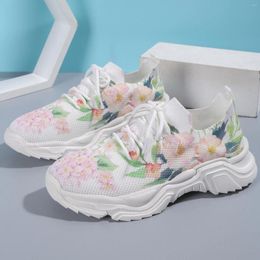 Casual Shoes Women'S Tennis Breathable Mesh Floral Print Lace Up Thick Sole Sports Woman Platform Sneakers