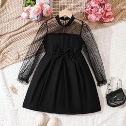 Girl Dresses Toddler Girls Bowknot Tulle Spring Children Clothes Mesh Patchowork Long Sleeve Elegant Party Dress For Kids 1-8Y