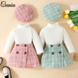 Clothing Sets Ceeniu Baby Tweed For Girls Turtleneck Top And Button Skirt With Berets 3pcs Infants Kids Clothes Outfits