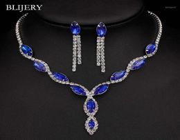 BLIJERY Silver Plated Royal Blue Crystal Wedding Jewelry Sets for Women Leaf Tassel Long Necklace Earrings Bridal Jewelry Sets13004861090