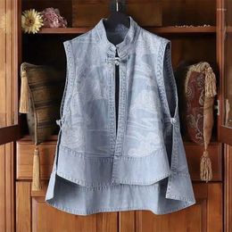 Women's Vests Denim Baggy Vintage Chinese Style Sleeveless Cloud-printed Chic Stand Sweet Simple Aesthetic Students Gentle Jacket Top