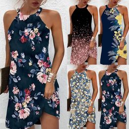 Frauen Sommer loser runder Nackenpullover ärmellose gedruckter Kleid Kleidung