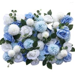 Decorative Flowers Artificial Silk Rose Rolled Flower Wall Panel Party Outdoor Up Hall Wedding Backdrop Decoration With Leave Blue White