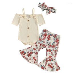 Clothing Sets Baby Girl 3 Piece Summer Outfits Ribbed Spaghetti Strap Short Sleeve Cold Shoulder Romper Flare Pants Headband Set
