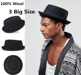 Big Size 100 Wool Men Pork Pie Hat For Dad Black Fedora Hat For Gentleman Flat Bowler Porkpie Top Jazz6092841
