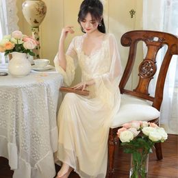 Women's Sleepwear Women French Sexy V-Neck Long Ankle-Length Nigthdress Princess Vintage Lace Nightgown Spring Autumn Full Sleeves Modal
