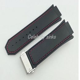 30mm New High Quality Red Stitched Black Silicone Rubber Watch BAND Strap with silver clasp6098402