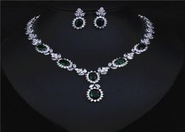 Shinning Zircon Silver Green Bridal Jewellery 2 Pieces Sets Necklace Earrings Bridal Jewellery Bridal Accessories Wedding Jewellery T2214563037